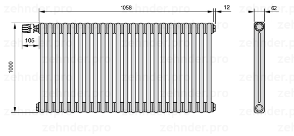 Схема (чертеж) Радиатор Zehnder Charleston 2100/23 №V012 Белый глянцевый RAL 9016